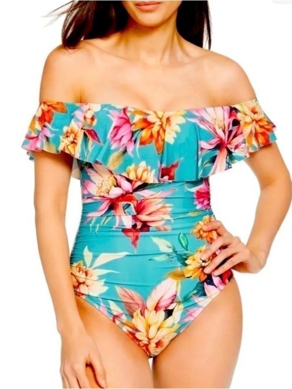 La Blanca Garden Turquoise Floral Off-Shoulder One-Piece Swimsuit size 4